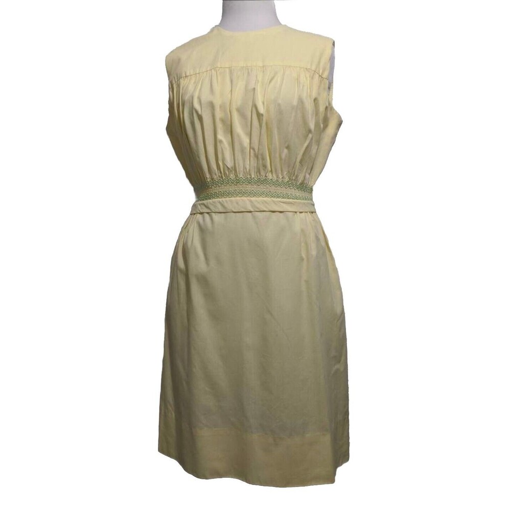 Pastel Yellow Smocked Waist Vintage 60s Sleeveless Dress S Teena Paige Cotton